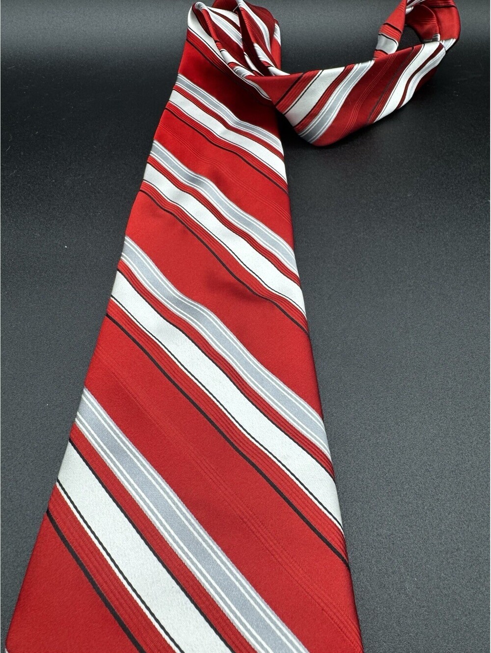 Jones New York Silk Tie Red White Gray Striped Wide 60”x4” Teacher Preppy School